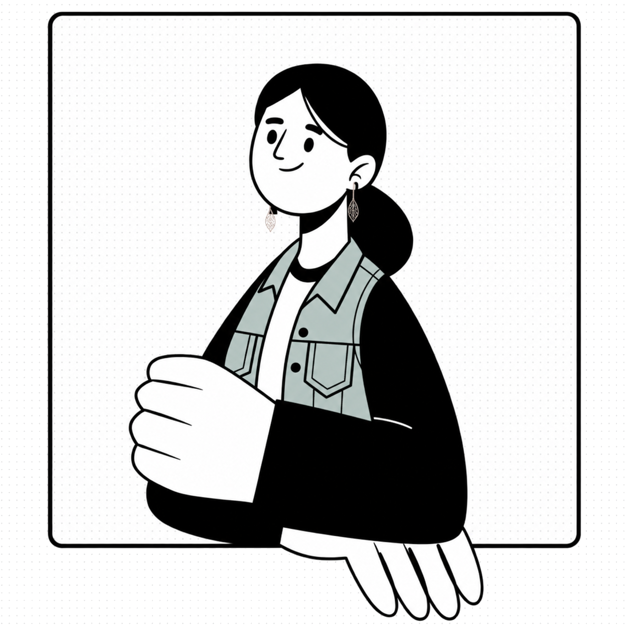 Framed portrait illustration of Shahrzad with arms crossed